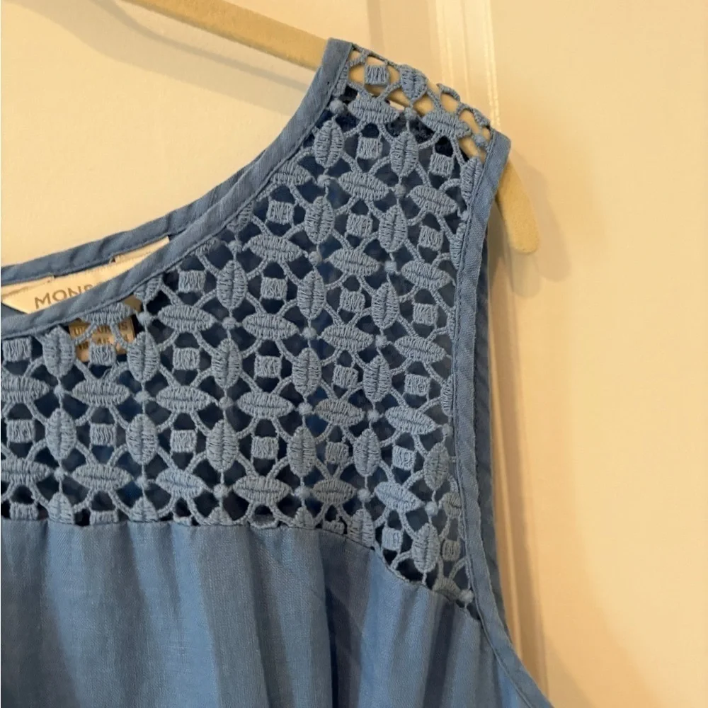 Monsoon Beautiful Blue Linen Summer Classic Crotchet Side Ruched Dress  14
